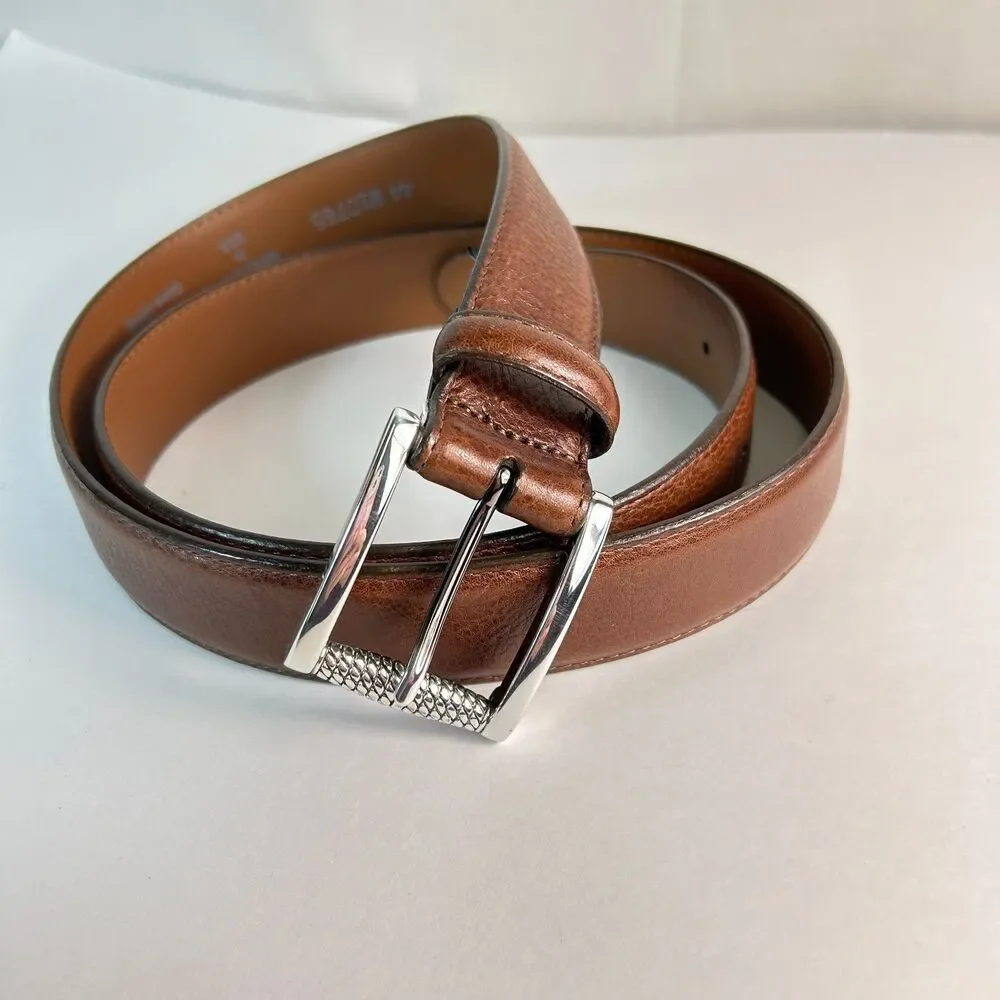 Brighton Men's Cognac Brown Pebble Grain Leather Silvertone Buckle Belt Size 44